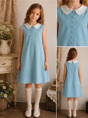 VINTAGE CINDERELLA 1960s Girls Lace Peter Pan Collar Dress 10½ Cottagecore Blue